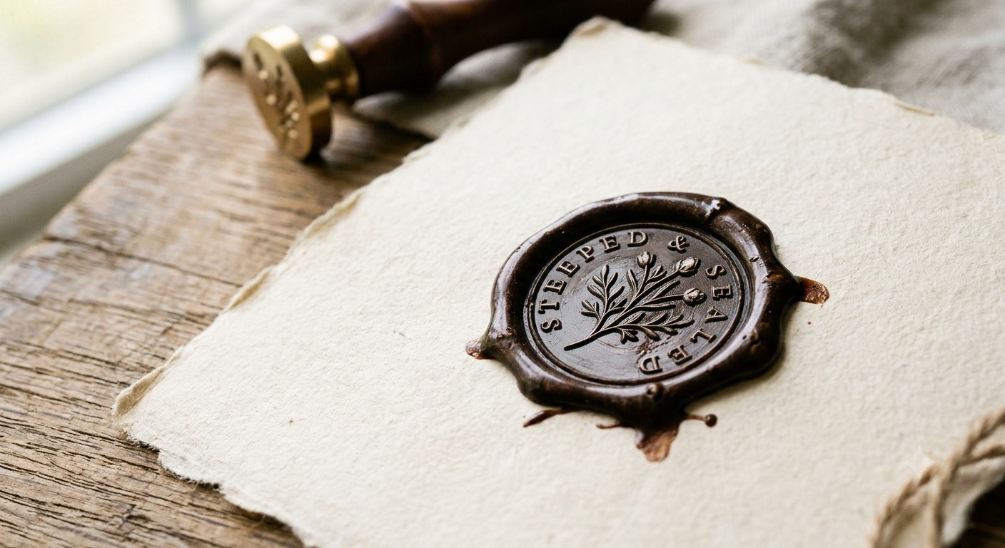 The Steeped & Sealed wax seal — espresso brown wax with a botanical sprig, pressed on handmade paper